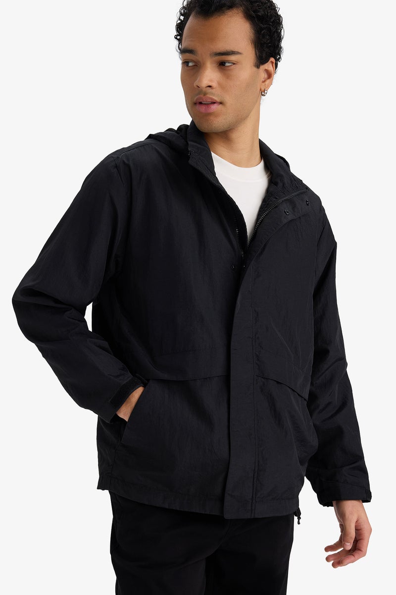DeFacto Black Man Waterproof Zip-Up Hooded Raincoat Casual - Image 1